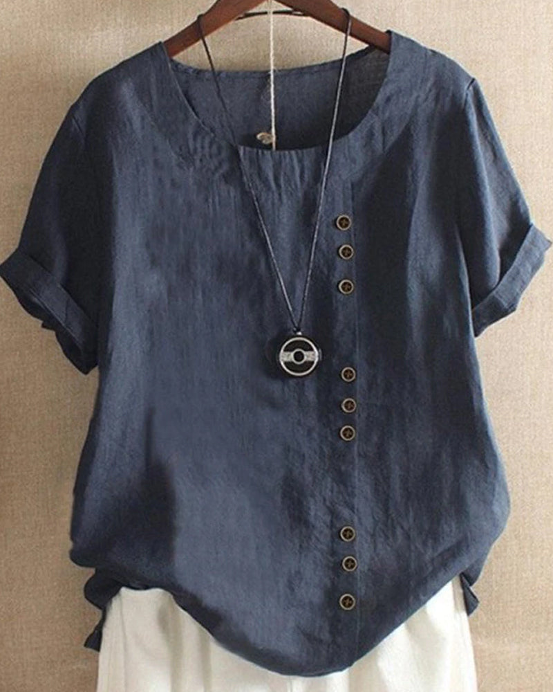 Women's Blouse - Loose Fit - Short Rolled Sleeves - Round Neck - Button Detail