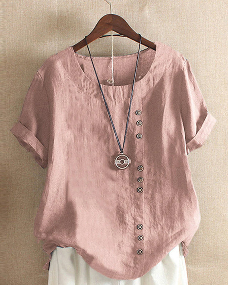 Women's Blouse - Loose Fit - Short Rolled Sleeves - Round Neck - Button Detail