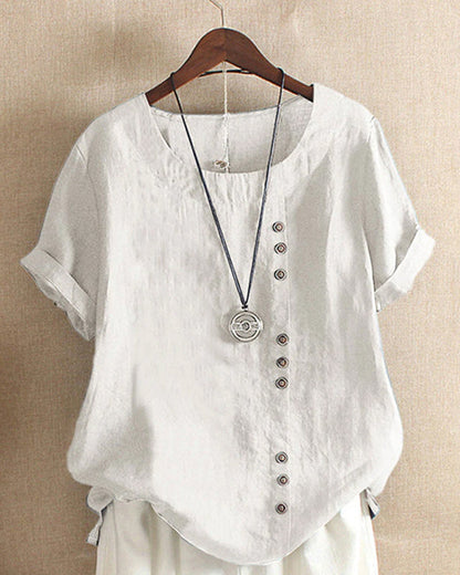 Women's Blouse - Loose Fit - Short Rolled Sleeves - Round Neck - Button Detail