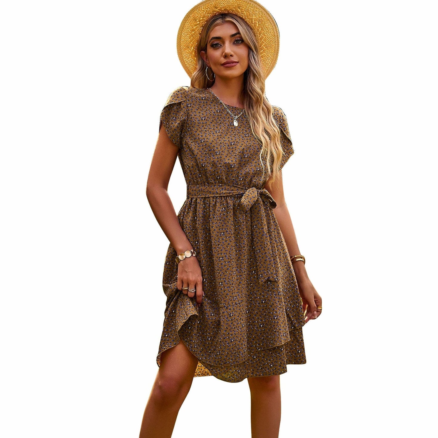 Women's Midi Dress - Cinched Waist - Short Sleeve - Ruffled Hem - Floral Print