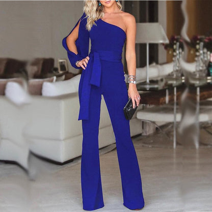 Women’s Elegant Overall - One Shoulder - Slim Fit - Belted Waist - Flared Leg