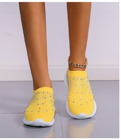 Women's Slip-On Sneakers - Knit Fabric - Rhinestone Embellished - Lightweight Sole