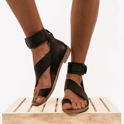 Women's Sandals - Leather Straps - Buckle Closure - Open Toe Comfortable Flat