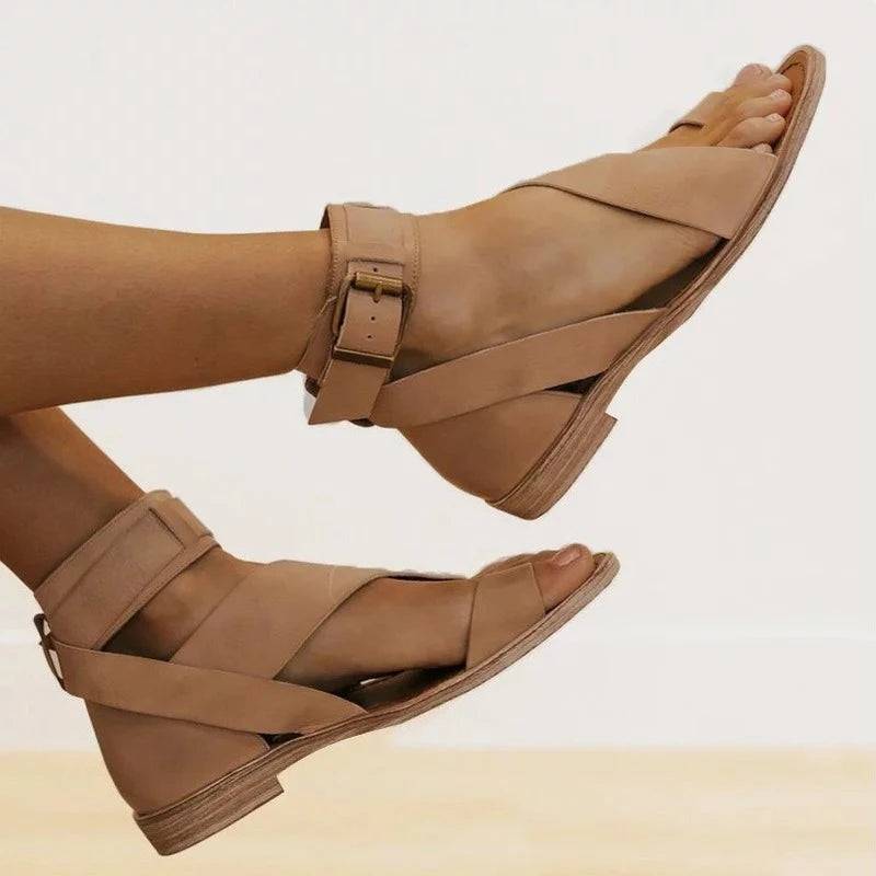 Women's Sandals - Leather Straps - Buckle Closure - Open Toe Comfortable Flat