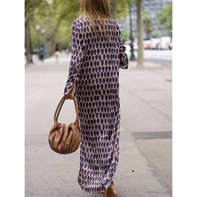 Women's Maxi Dress - V-Neck Long Sleeve - Flowing Loose Fit - Geometric Pattern