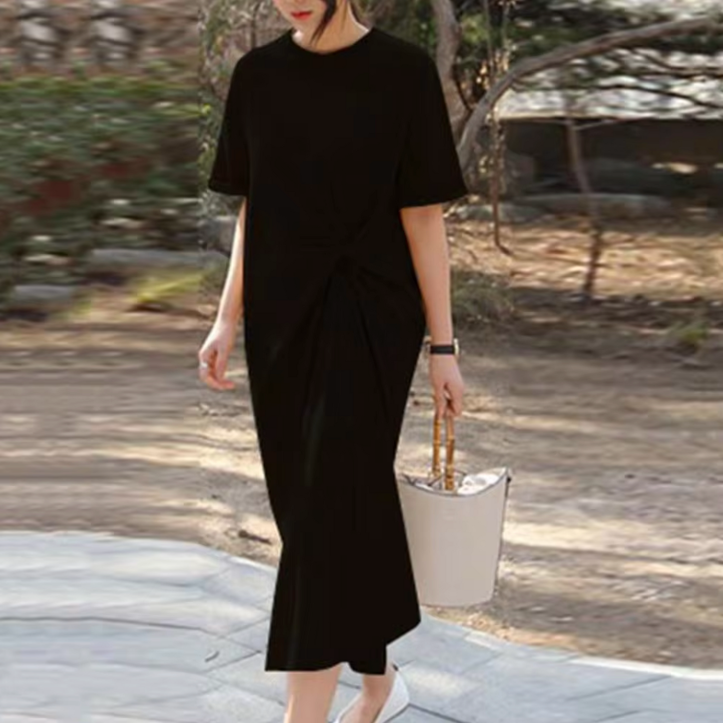 Women's Maxi Dress - Short Sleeve - Round Neck - Side Knot Detail - Flowing Fit