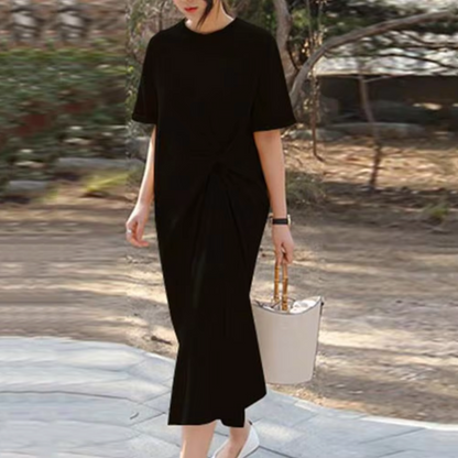 Women's Maxi Dress - Short Sleeve - Round Neck - Side Knot Detail - Flowing Fit