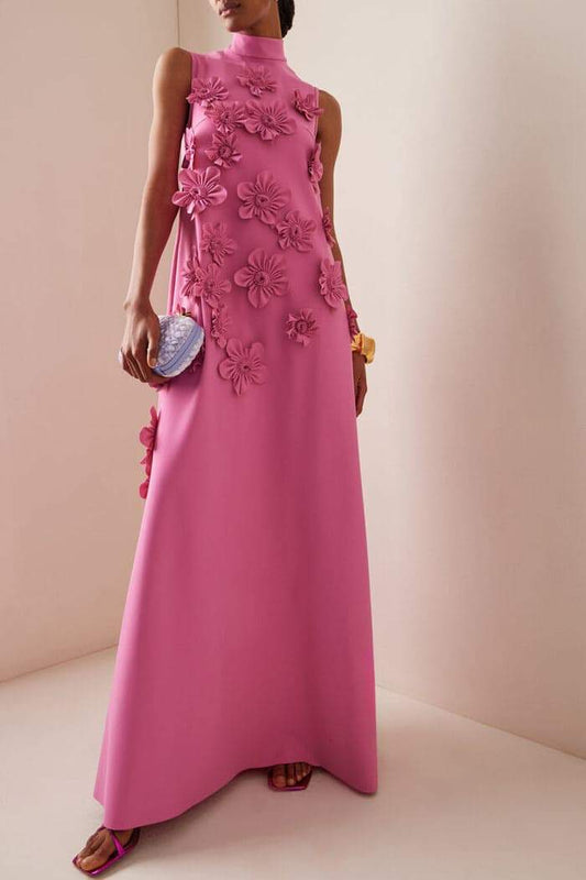 Silky 3D Floral Appliqué Maxi Dress