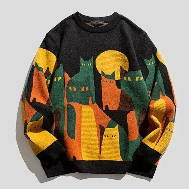 Women's abstract cat print pullover sweater