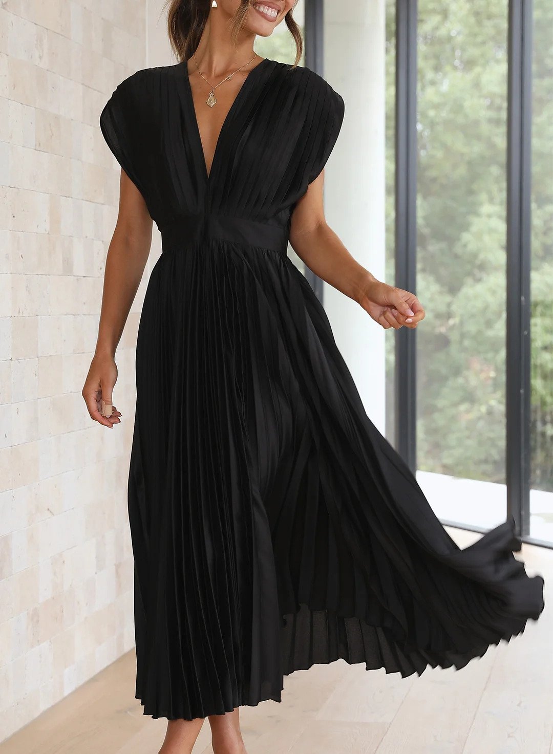 Flowy Pleated Deep V-Neck Midi Dress