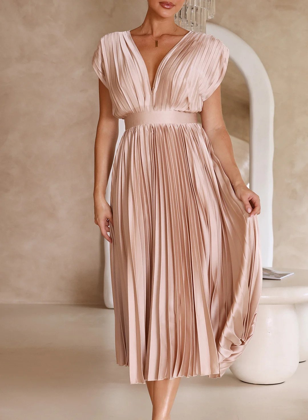 Flowy Pleated Deep V-Neck Midi Dress