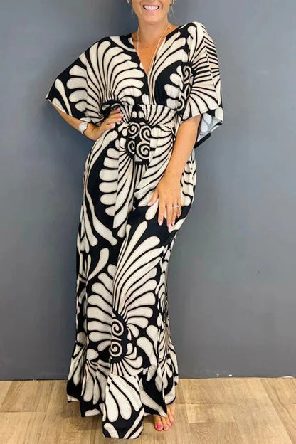 Women's Maxi Dress - V-Neck - Flowing Sleeves - Empire Waist - Full Length Elegant Fit