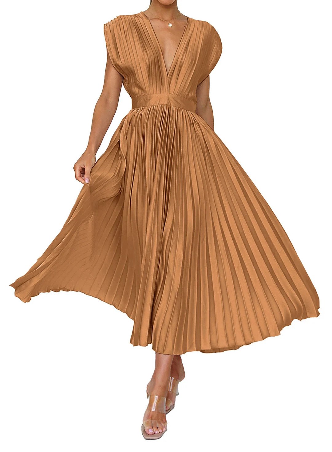Flowy Pleated Deep V-Neck Midi Dress