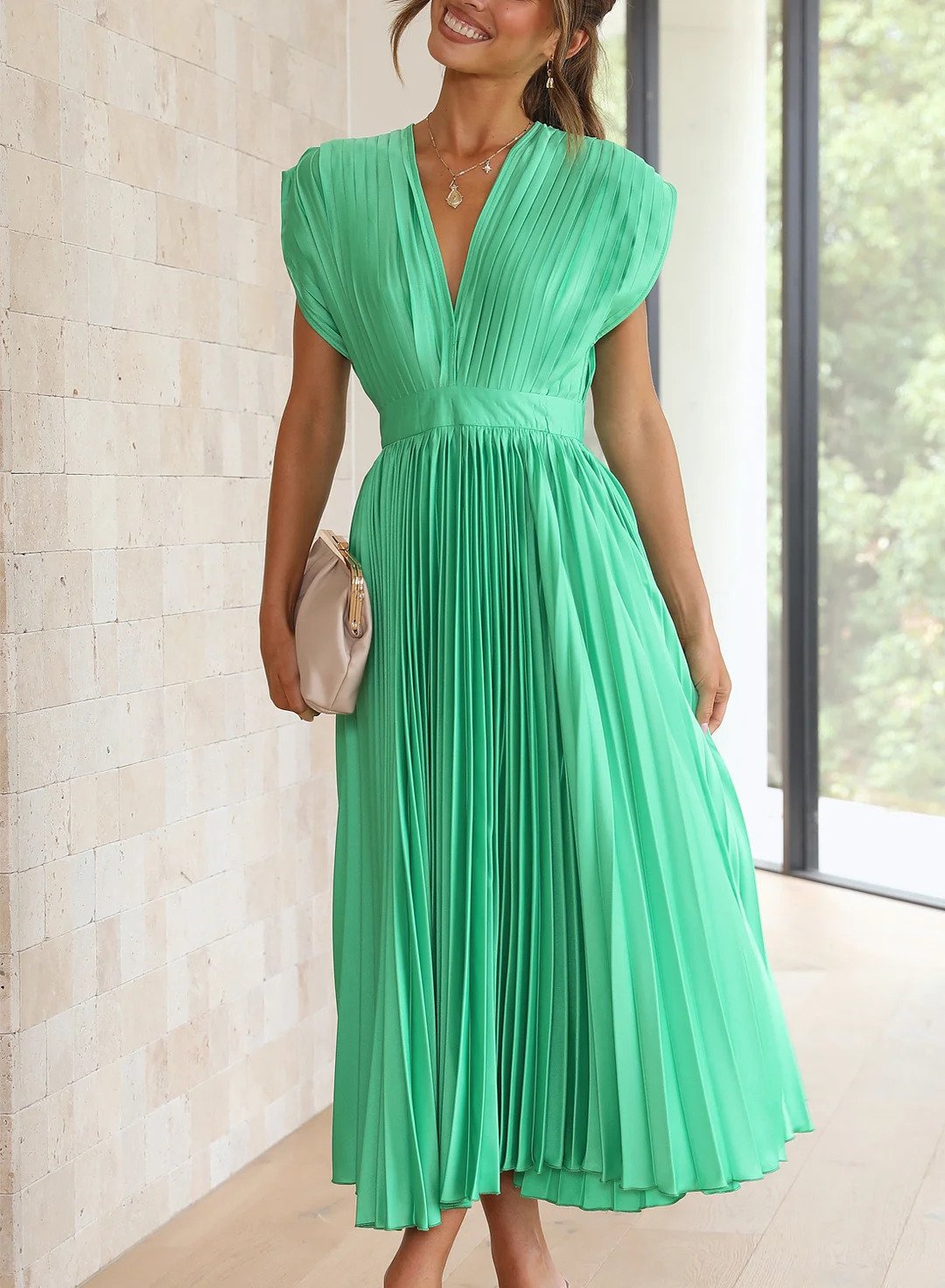 Flowy Pleated Deep V-Neck Midi Dress