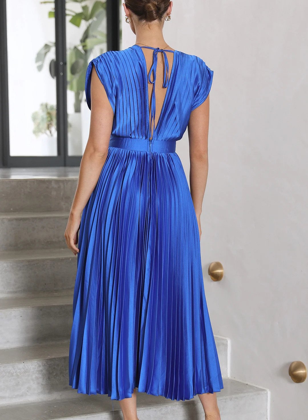 Flowy Pleated Deep V-Neck Midi Dress
