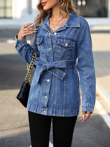 Women's denim coat with flap pockets and belt