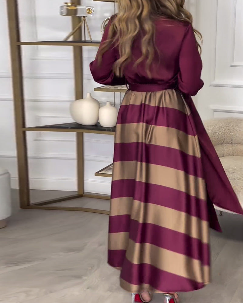 Women’s Maxi Dress - Button-Up Long Sleeve - Striped Flowing Skirt - Belted Waist