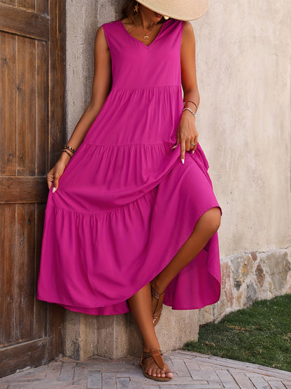 Sleeveless tiered A-line maxi dress with v-neck and casual fit for women