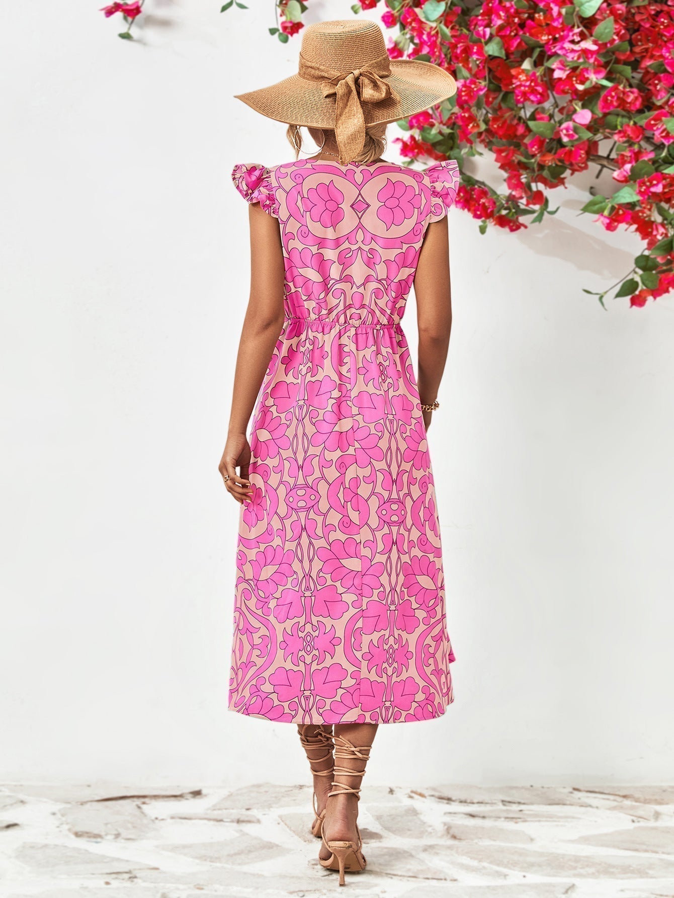 Women's Midi Dress - V-Neck - Short Ruffled Sleeves - Fitted Waist - Floral Print