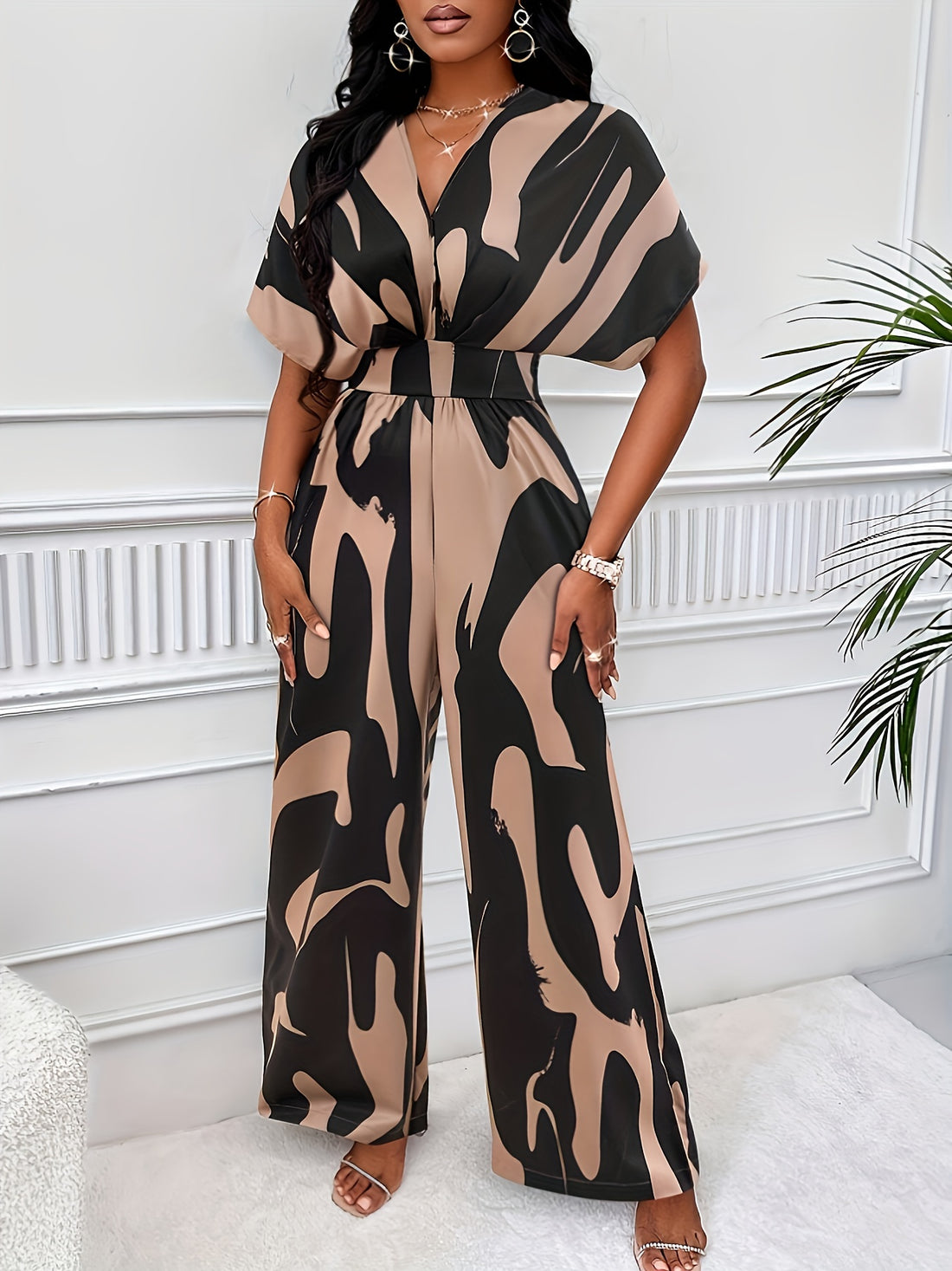 Abstract printed short sleeve V-neck wide-leg jumpsuit for women