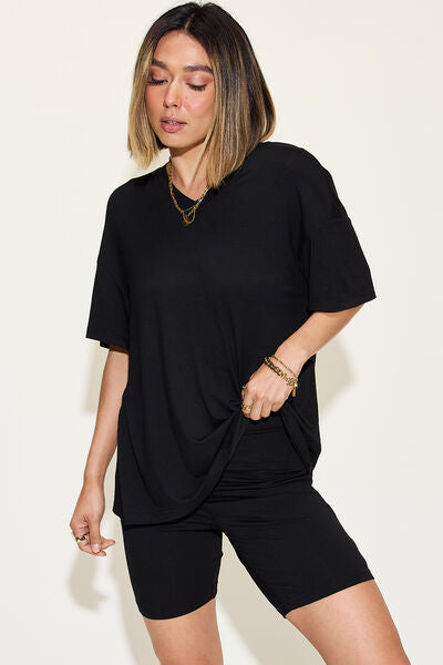 Women's v-neck drop shoulder short sleeve t-shirt and shorts set