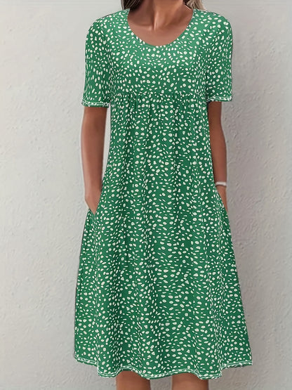 Women's Knee-Length Dress - Short Sleeve - Relaxed A-Line Fit - Lightweight Casual Wear
