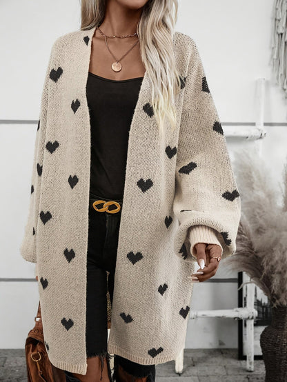 Women’s Cardigan – Wool Knit – Oversized Fit – Open Front – Heart Pattern – Long Sleeve
