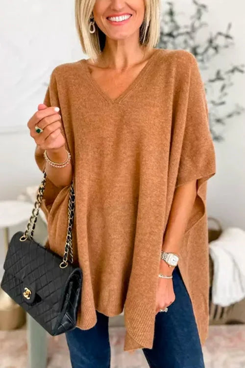Women's Poncho Top - Loose Fit - Soft Knit - V-Neck Flowy Draped Style