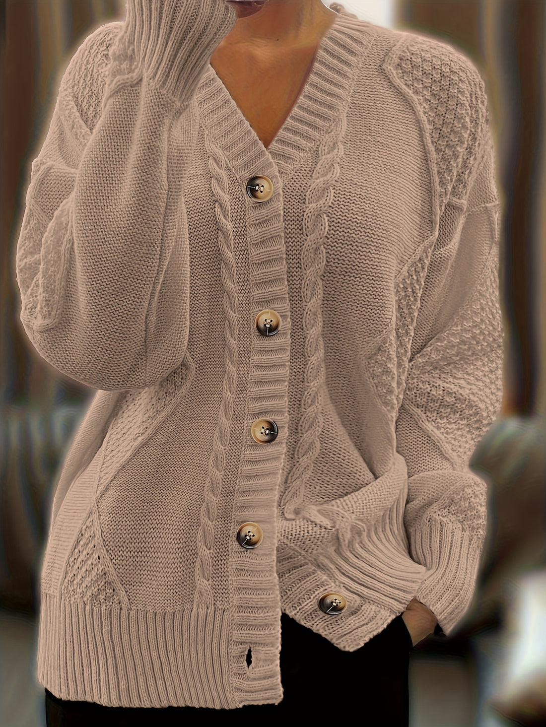 Chunky knit button-front cardigan with cable pattern and v-neck for women