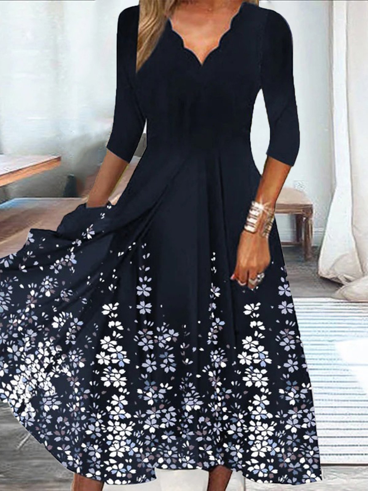 Women's Midi Dress - Scalloped V-Neck - Three-Quarter Sleeve - A-Line Floral Print