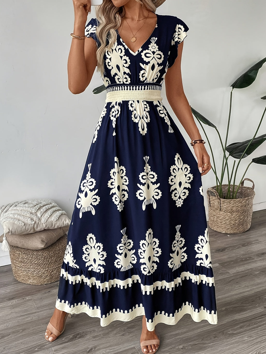 Bohemian ethnic print V-neck cap sleeve maxi dress for women