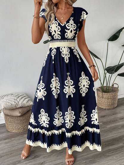 Women's Maxi Dress - V-Neck - Cap Sleeve - Smocked Waist - Flowy Elegant Fit