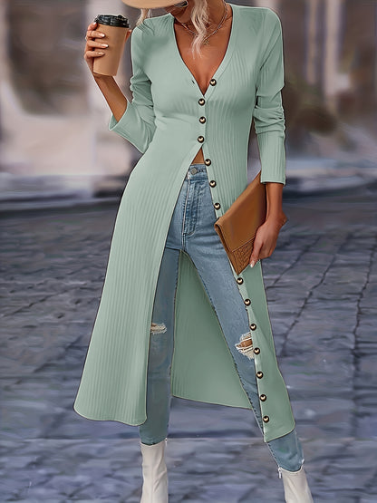 Women's Long Cardigan - Ribbed Knit - Button-Front V-Neck - Tailored Fit