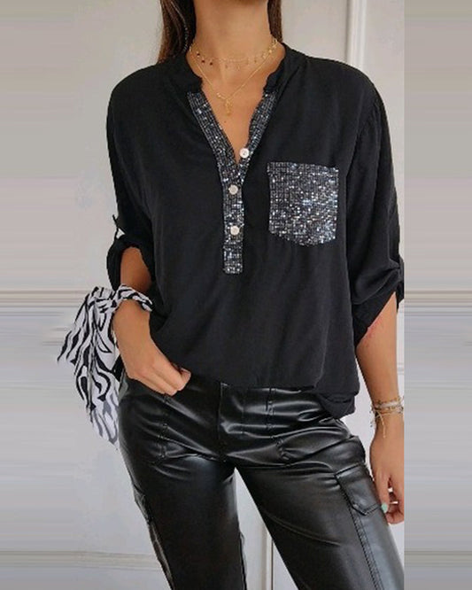 Sequin Detail V-Neck Rolled Sleeve Blouse
