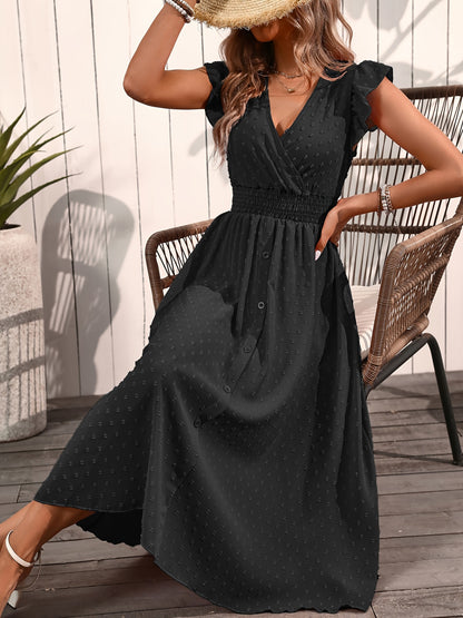 Women's Midi Dress - V-Neck Button Down - Flutter Sleeve - Shirred Waist - A-Line Flow