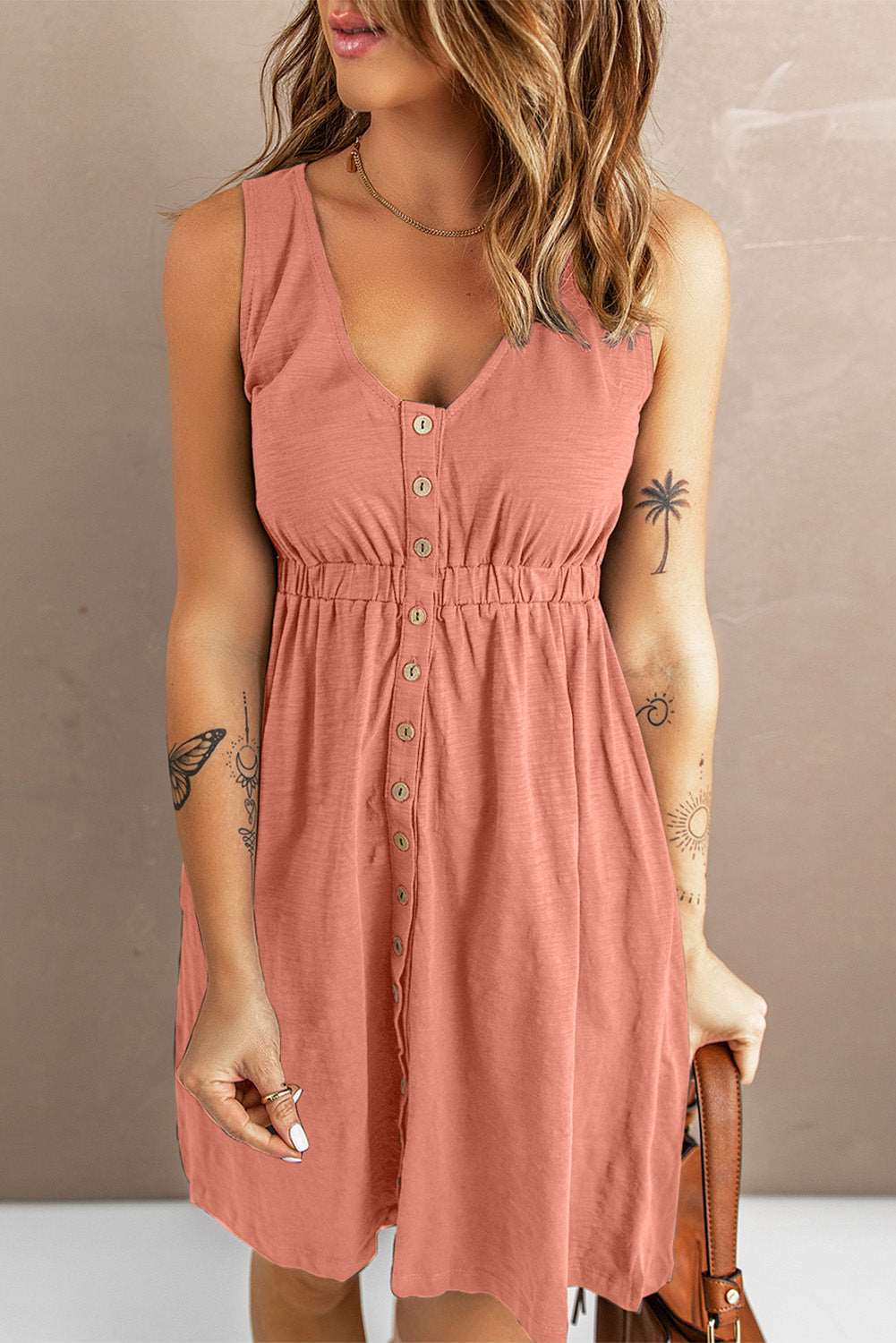 Women's Sleeveless Button-Up Mini Dress - V-Neck - Elastic Waist - Casual Fit