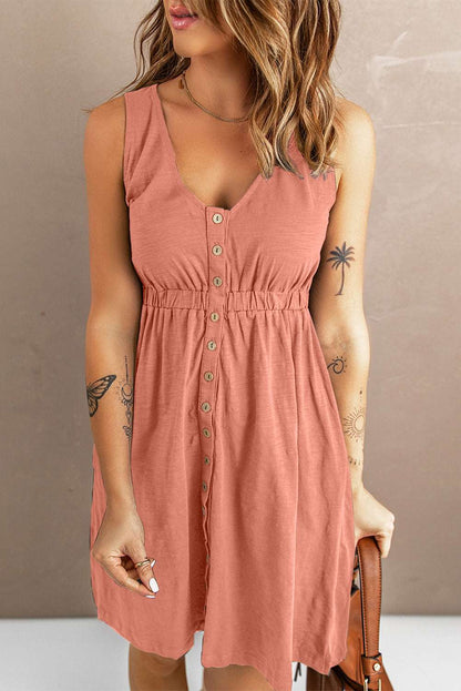 Women's Sleeveless Button-Up Mini Dress - V-Neck - Elastic Waist - Casual Fit
