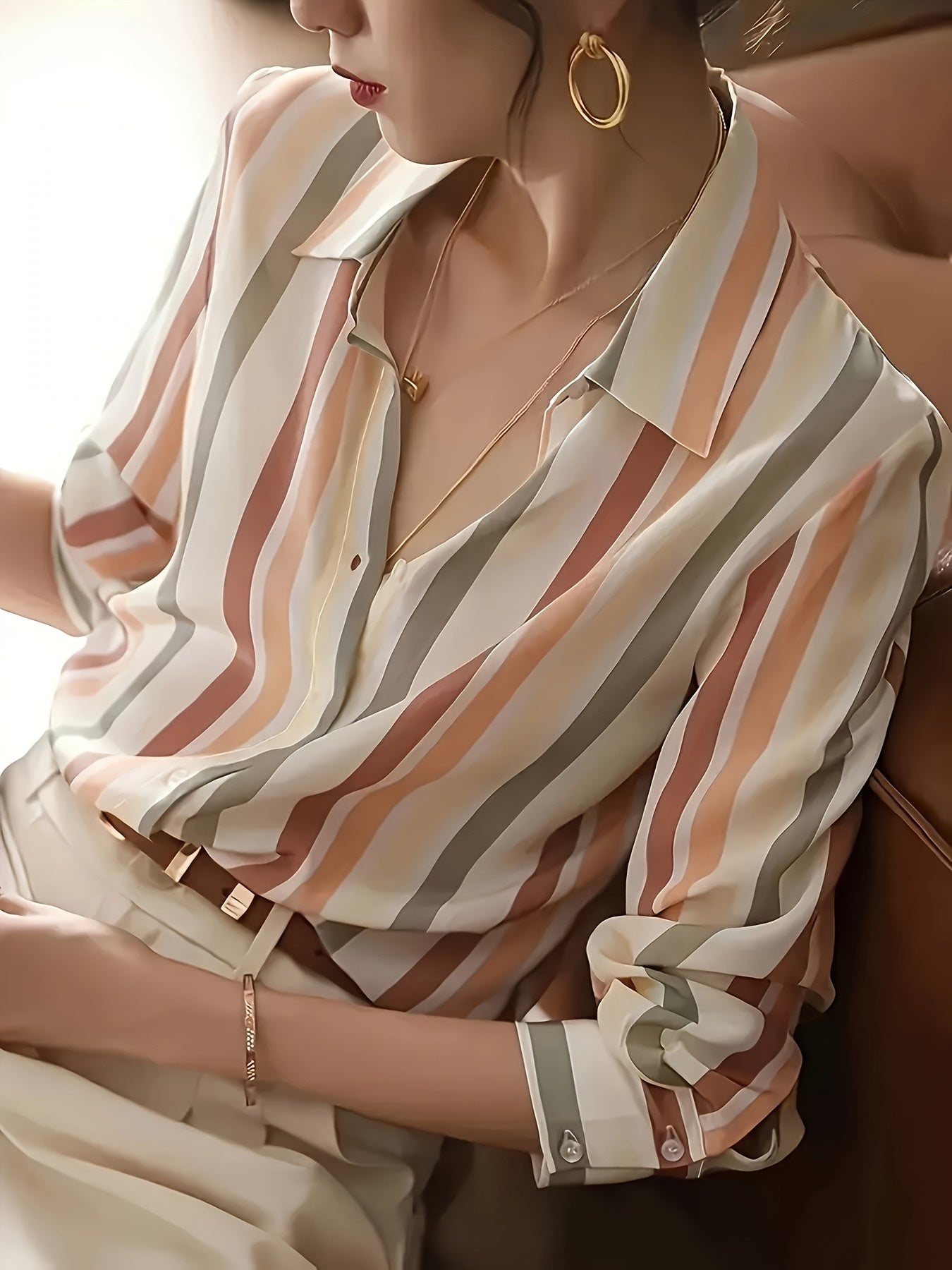 Women's Button-Down Blouse - Classic Collar - Vertical Striped - Long Sleeve