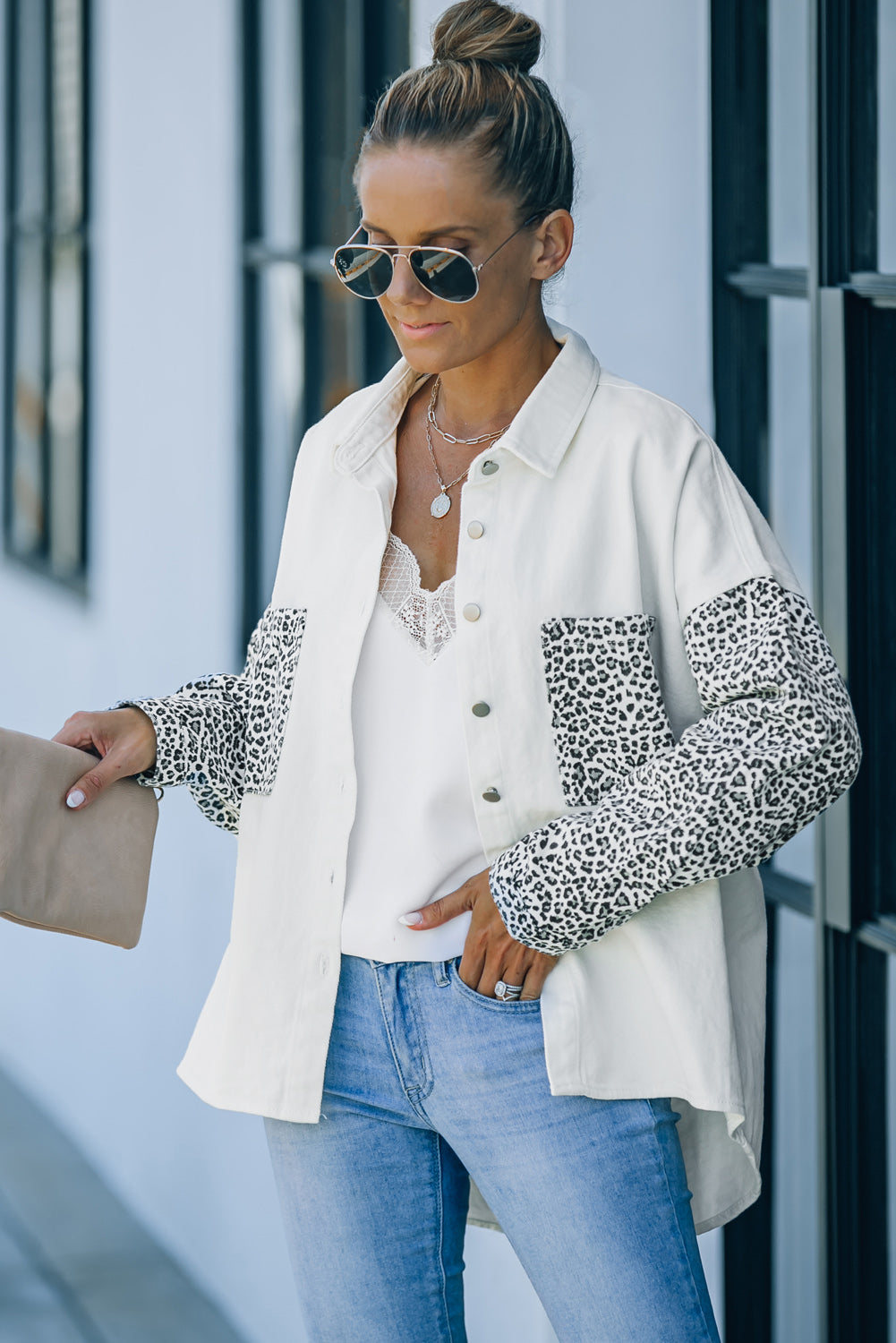 Women’s Shacket Jacket – Relaxed Fit – Leopard Print Detail – Button-Up Casual Layer