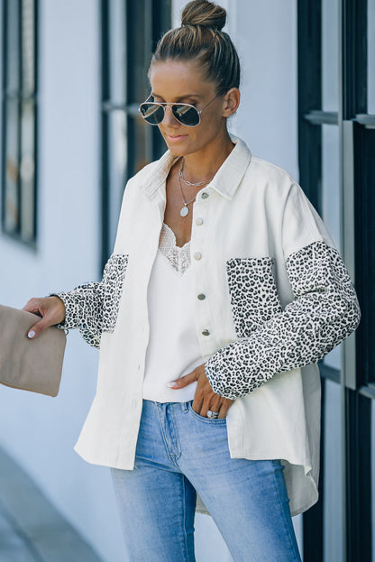 Women’s Shacket Jacket – Relaxed Fit – Leopard Print Detail – Button-Up Casual Layer