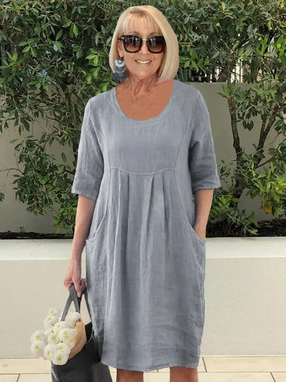 Women’s Midi Dress – Natural Fibers – Relaxed Fit – Scoop Neck – Elbow Sleeve – Pockets