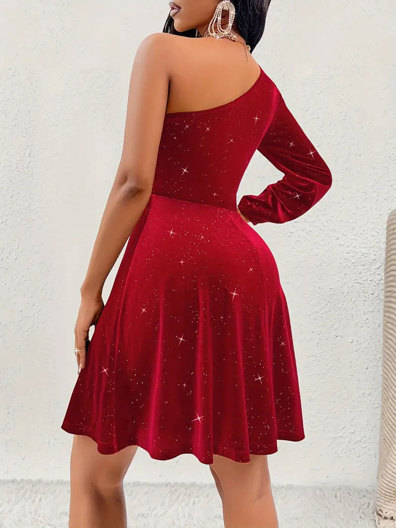 Embellished Shimmer One-Shoulder Evening Dress