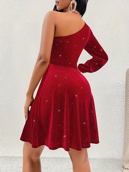 Women's One-Shoulder Dress - Embellished Shimmer - Long Sleeve Elegant Evening Wear