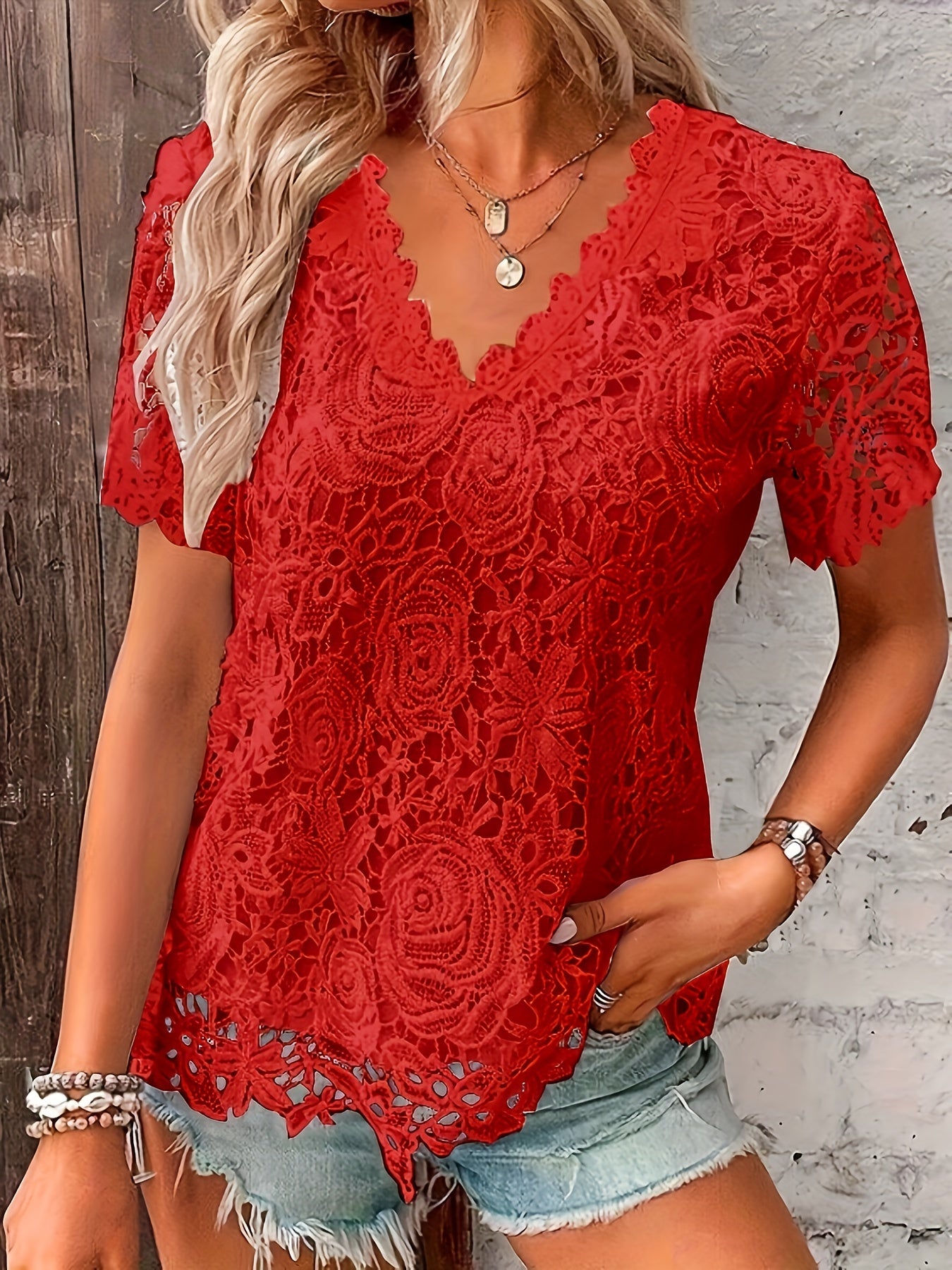 Floral Pattern Lace V-Neck Top
