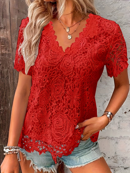 Women's Lace Top - V-Neck - Short Sleeve - Floral Pattern - Scalloped Hem