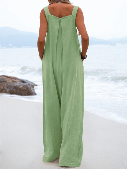 Women's Wide-Leg Jumpsuit - Breathable Fabric - Relaxed Fit - Button Straps & Pockets