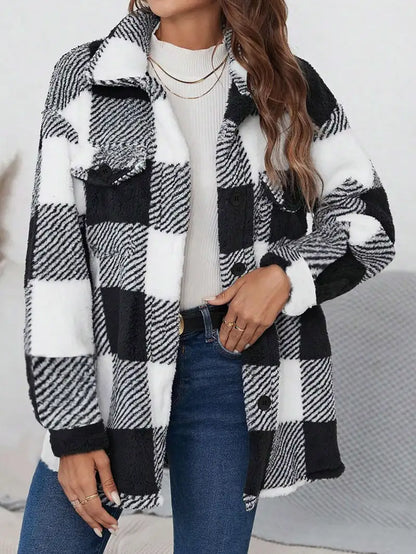 Women's plaid lapel long plush jacket coat