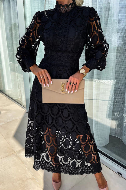 Women's Lace Dress - High Neck - Long Sleeve - Fitted Bodice - Midi Length Elegant Wear