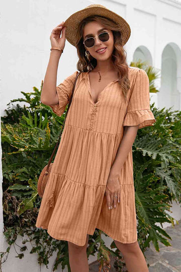 Lanisha - boho tassel tie-neck ruffle hem midi dress