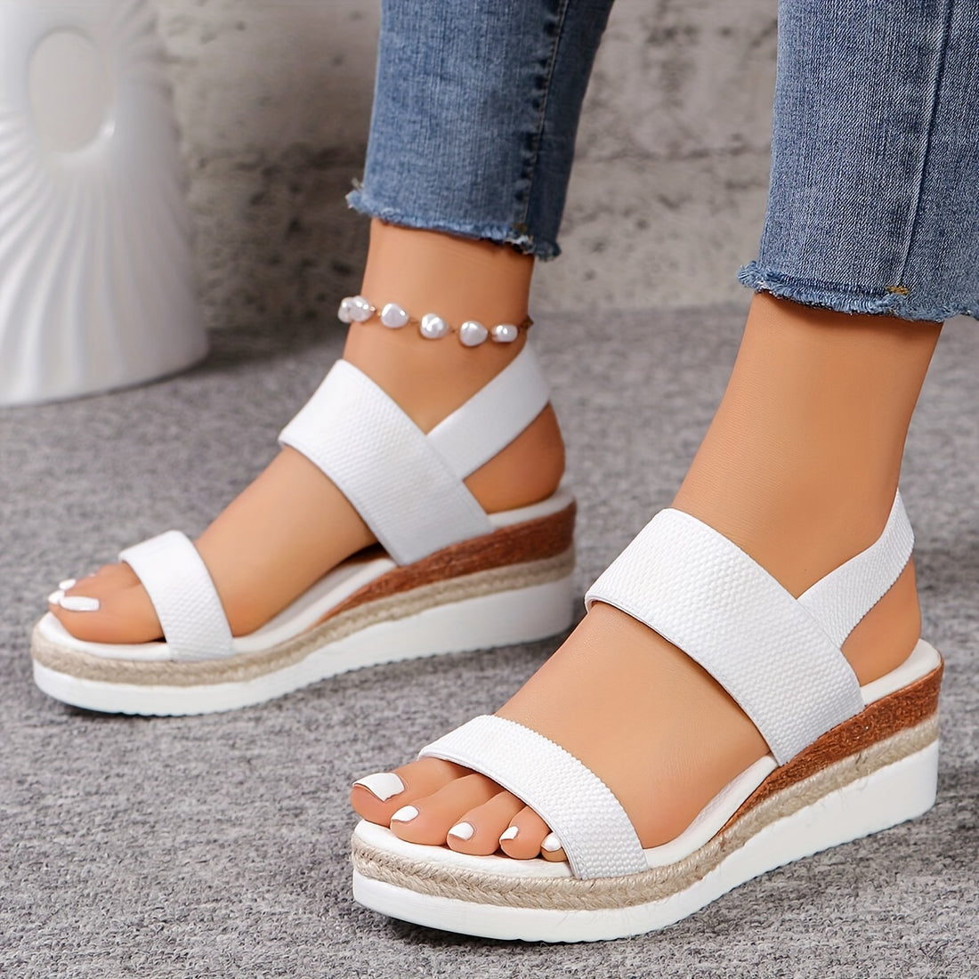 Elastic strap wedge sandals with platform sole for women